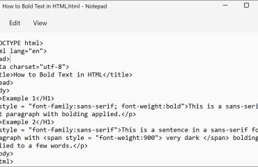A picture showing how to bold text in HTML using an inline CSS style.
