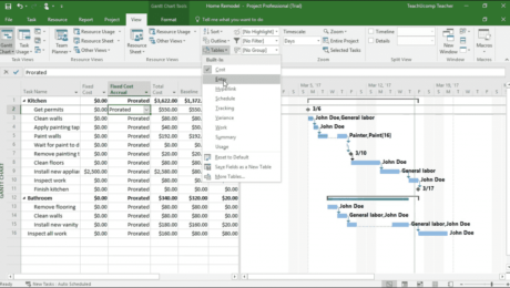 View Project Costs in Microsoft Project - Instructions: A picture of the “Cost” table within the “Gantt Chart” view of a project file in Project.