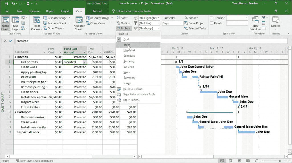 View Project Costs in Microsoft Project - Instructions: A picture of the “Cost” table within the “Gantt Chart” view of a project file in Project.