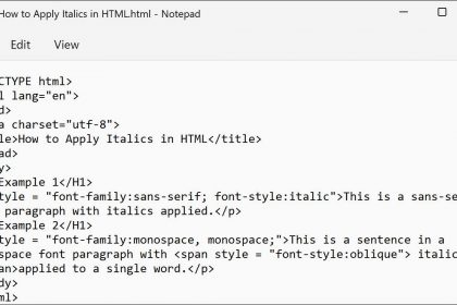 A picture showing how to apply italics in HTML using an inline CSS style.