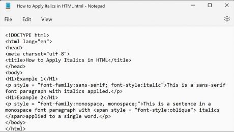 A picture showing how to apply italics in HTML using an inline CSS style.