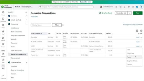 blog-6-15-2026-therecurringtransactionslistinquickbooksonline A picture showing how to select actions to manage saved recurring transactions in the Recurring Transactions list in QuickBooks Online.
