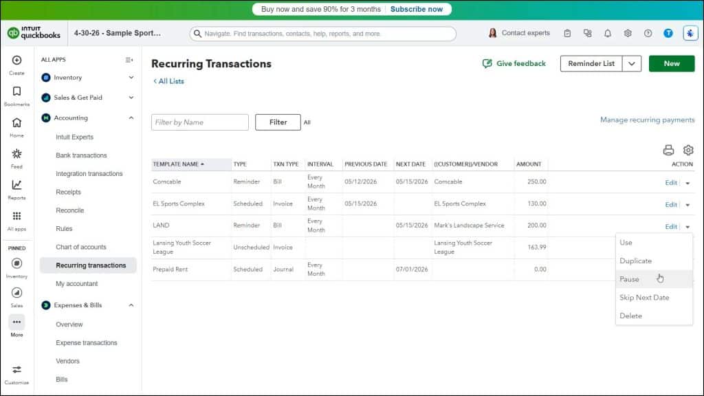 A picture showing how to select actions to manage saved recurring transactions in the Recurring Transactions list in QuickBooks Online.