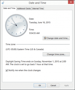Set the Date and Time in Windows 8- Tutorial: A picture of the "Date and Time" dialog box in Windows 8.1.