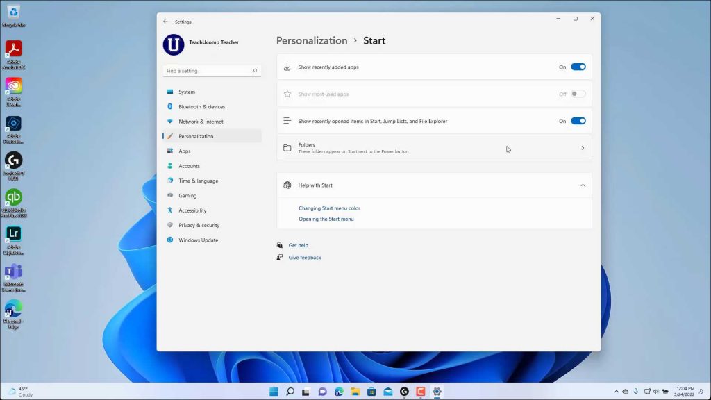A picture showing the Start Personalization settings that let you customize the Start menu in Windows 11.
