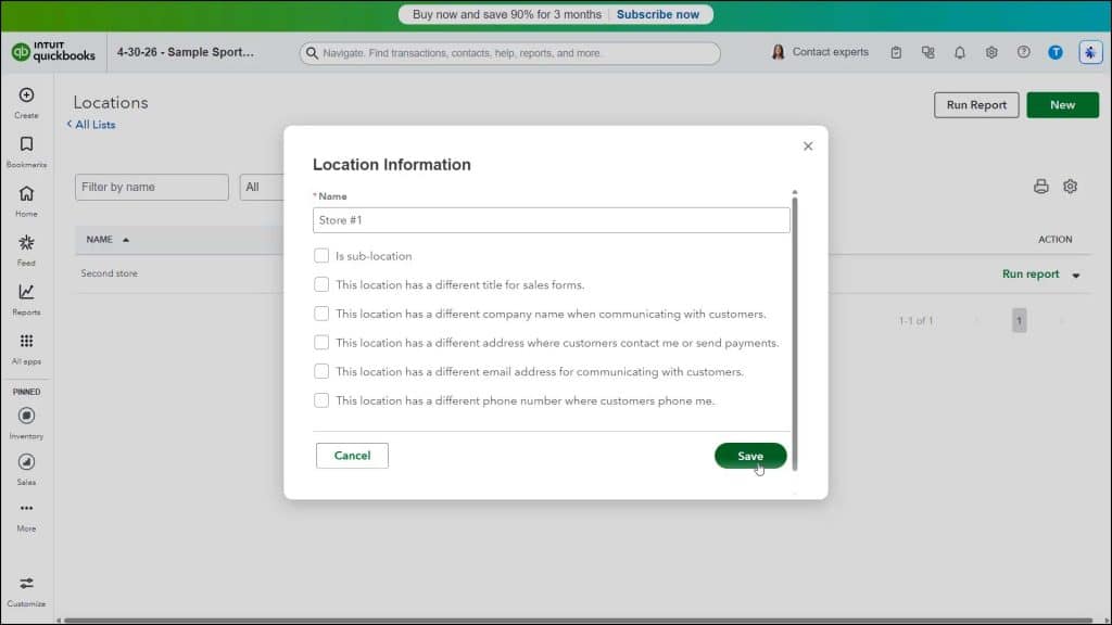 A picture showing how to create a new location within the Locations list in QuickBooks Online.