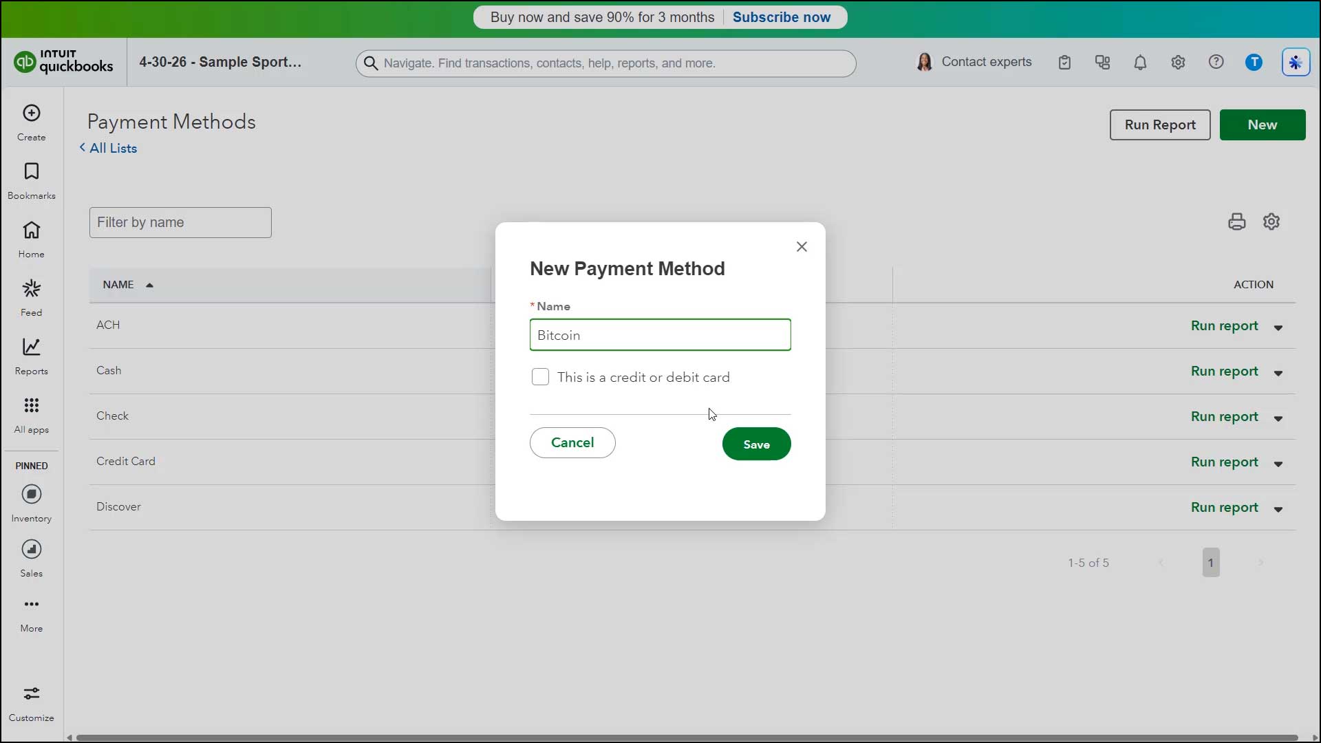 The Payment Methods List in QuickBooks Online