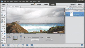 Smart Brush Tools in Photoshop Elements 13- Tutorial: A picture of Photoshop Elements 13 after selecting the "Smart Brush Tools" button within the Toolbox and the Tool Options Bar.