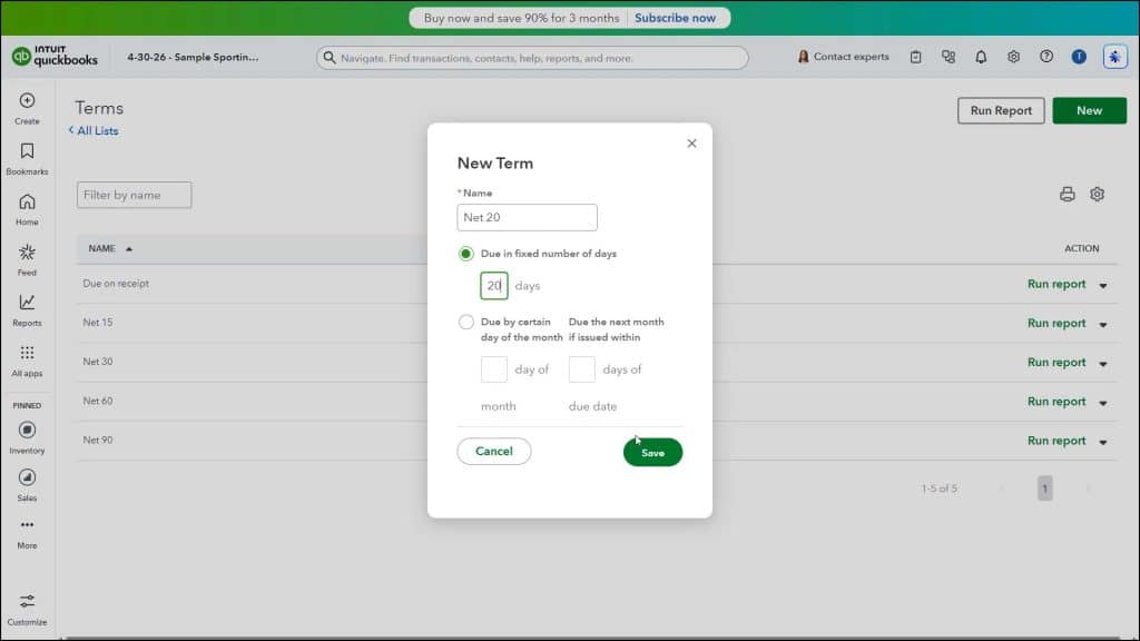 A picture showing how to create new terms in the Terms list in QuickBooks Online.