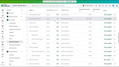 A picture of the equity accounts in QuickBooks Online that are created for a sole proprietorship.