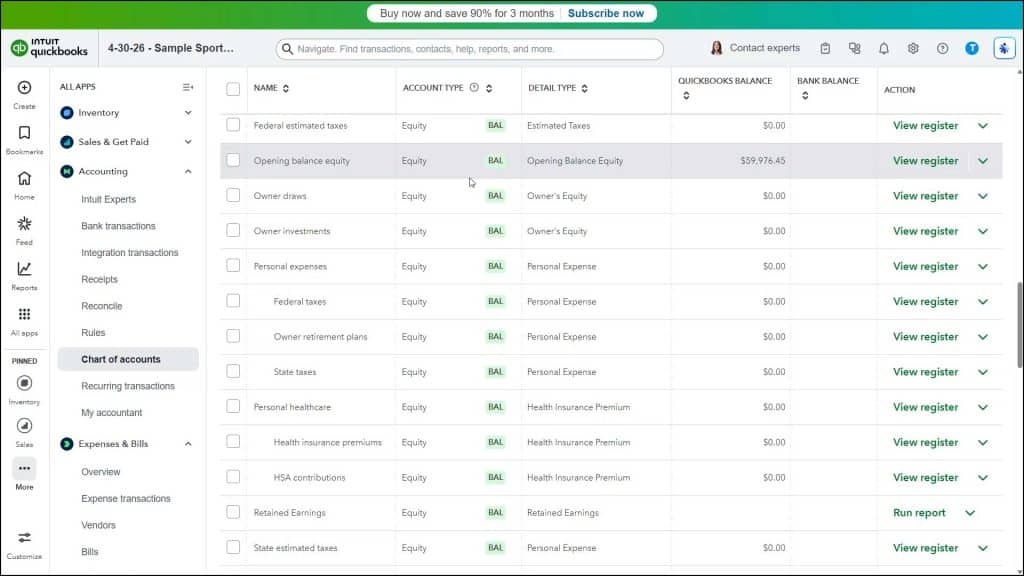 A picture of the equity accounts in QuickBooks Online that are created for a sole proprietorship.