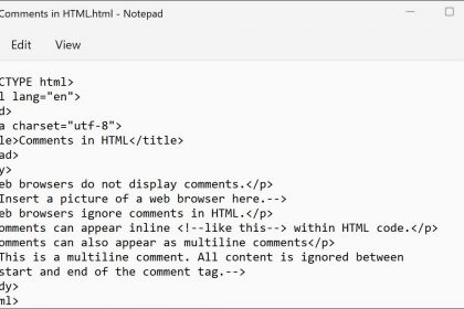 A picture showing how to use comments in HTML code.