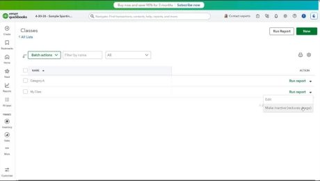 blog-6-22-2026-theclasseslistinquickbooksonline A picture showing how to inactivate a class in the Classes list in QuickBooks Online.