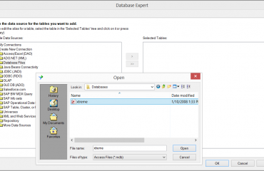 Connect to Database Files in Crystal Reports 2013- Tutorial: A picture of a user connecting to a database file in Crystal Reports 2013.