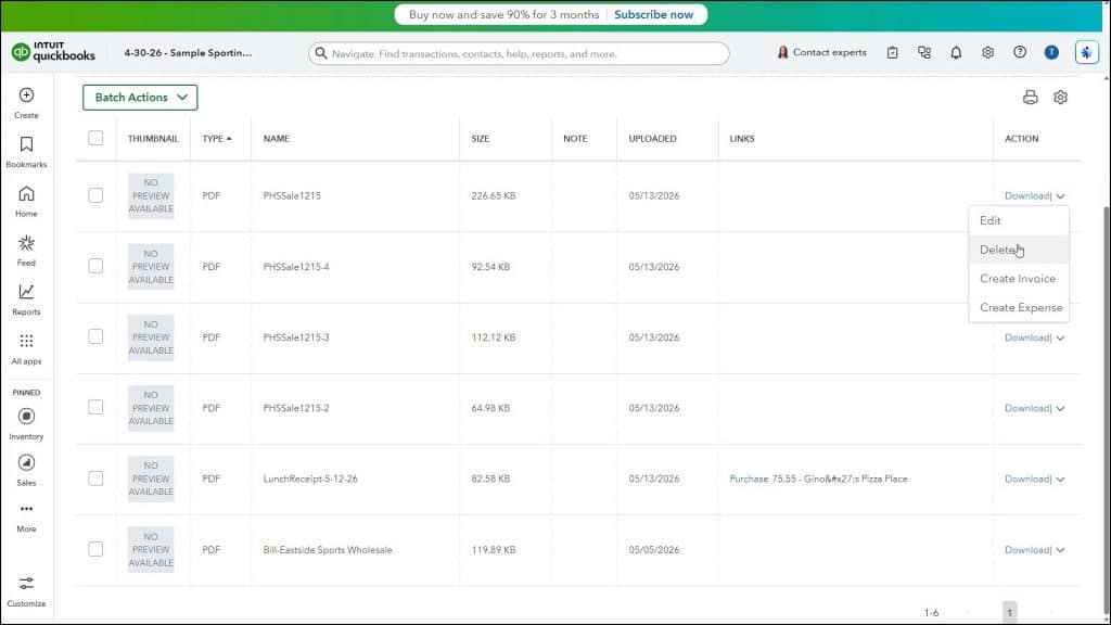 A picture showing how to delete an attachment within the Attachments list in QuickBooks Online.