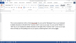 Delete Text in Word- Tutorial: A picture showing information in a Word document about deleting text while typing. The user has selected the character they want to replace within a word to fix a typing error.