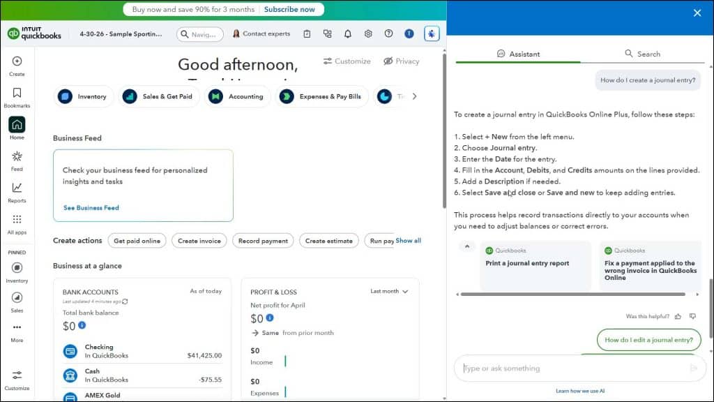 A picture showing the help results from the Assistant feature if you use it to find help in QuickBooks Online.