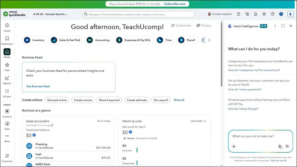 A picture showing a user asking a question using the Intuit Intelligence feature to get help in QuickBooks Online.