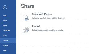 A picture of the "Share" screen within the "File" tab in Microsoft Word Online.