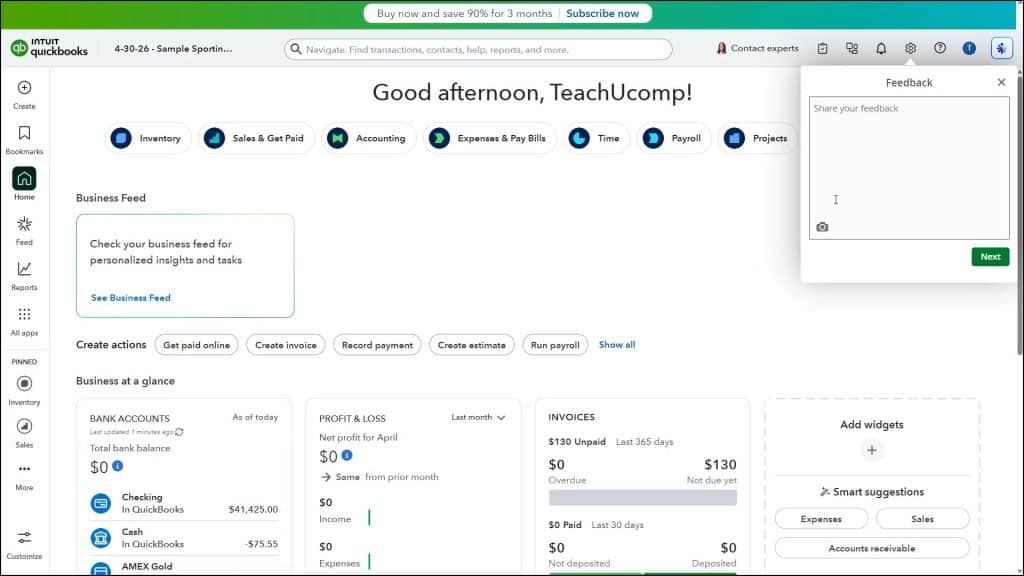 A picture showing how to submit feedback in QuickBooks Online.