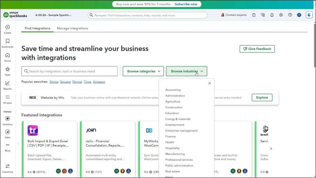 A picture showing how to find integrations in QuickBooks Online by industry.