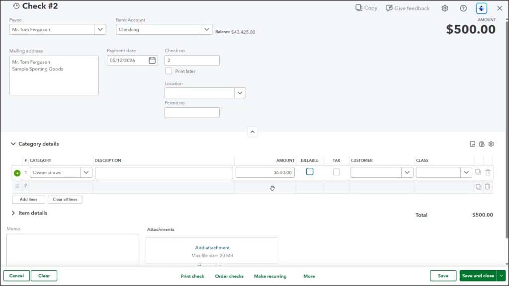 A picture showing how to record an owner’s draw in QuickBooks Online for a sole proprietorship.
