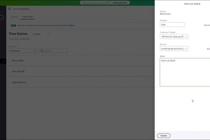 Enter Time in QuickBooks Online - Instructions: A picture of a user entering the time and work details for an employee using the basic time tracking in QuickBooks Online.