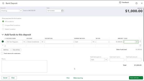 A picture showing how to record a capital investment in QuickBooks Online.