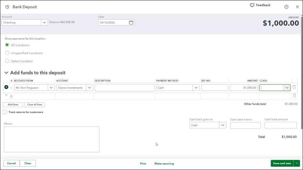 A picture showing how to record a capital investment in QuickBooks Online.