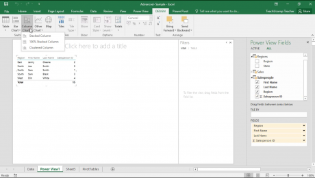 Data Visualizations in Power View in Excel - Instructions: A picture of the “Design” tab within Power View in Excel.