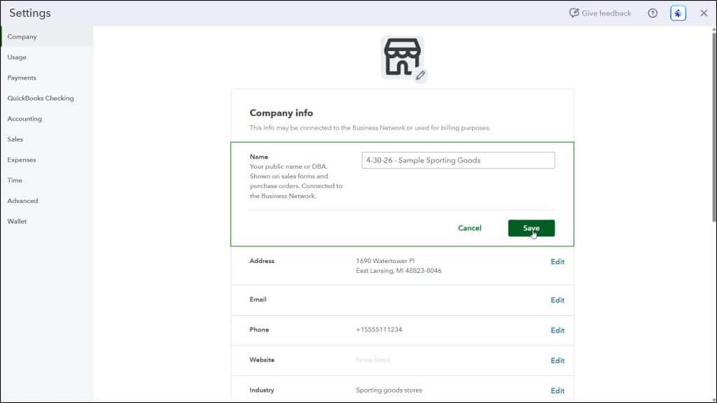 A picture showing how to view your company information in QuickBooks Online to change it, if needed.