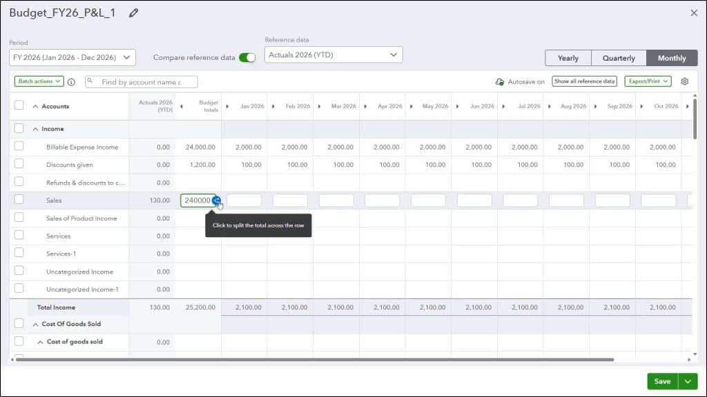 A picture showing how to enter budget data after you create a budget in QuickBooks Online.