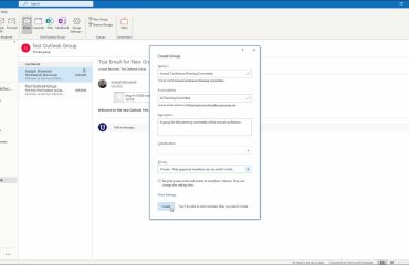 Create a New Group in Outlook - Instructions: A picture of a user creating a new group within the “Create Group” window in Outlook.