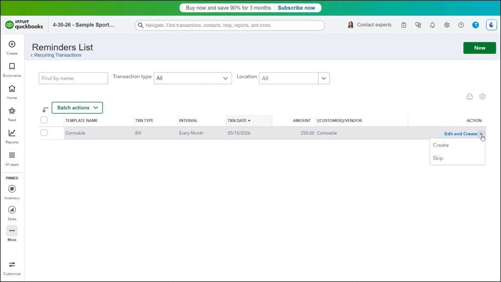 A picture showing how to use the Reminders List in QuickBooks Online to manage upcoming recurring transactions.