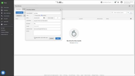 Enter Time in QuickBooks Time - Instructions: A picture of a user entering the time and work details for an employee using QuickBooks Time.