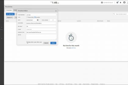 Enter Time in QuickBooks Time - Instructions: A picture of a user entering the time and work details for an employee using QuickBooks Time.