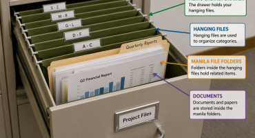 blog-7-10-2026-whatiswindows11 What is Windows 11? - A picture showing the filing system of Windows 11 by comparing it to a paper filing cabinet. The picture shows a large paper filing cabinet drawer containing hanging files within the drawer, manila file folders in the hanging files, and documents within the manila folders.