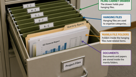 blog-7-10-2026-whatiswindows11 What is Windows 11? - A picture showing the filing system of Windows 11 by comparing it to a paper filing cabinet. The picture shows a large paper filing cabinet drawer containing hanging files within the drawer, manila file folders in the hanging files, and documents within the manila folders.