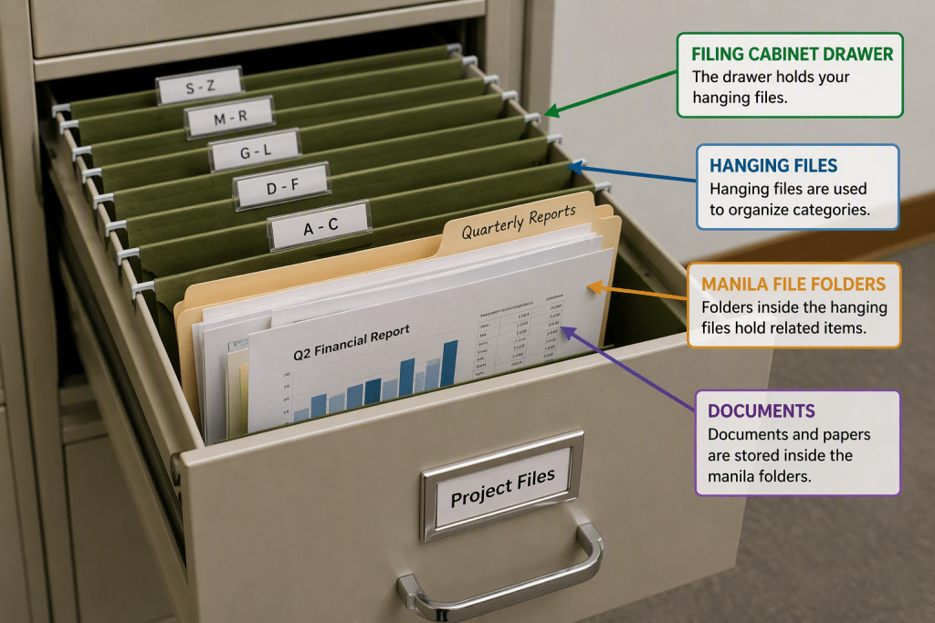 What is Windows 11? - A picture showing the filing system of Windows 11 by comparing it to a paper filing cabinet. The picture shows a large paper filing cabinet drawer containing hanging files within the drawer, manila file folders in the hanging files, and documents within the manila folders.