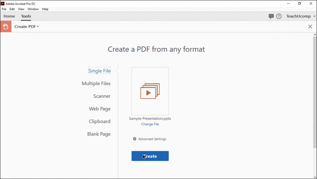 Create a PDF from a File in Acrobat Pro DC - Instructions: A picture of a user about to convert a selected file into a PDF within the “Create PDF” screen in Acrobat Pro DC.