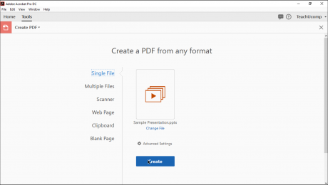 Create a PDF from a File in Acrobat Pro DC - Instructions: A picture of a user about to convert a selected file into a PDF within the “Create PDF” screen in Acrobat Pro DC.