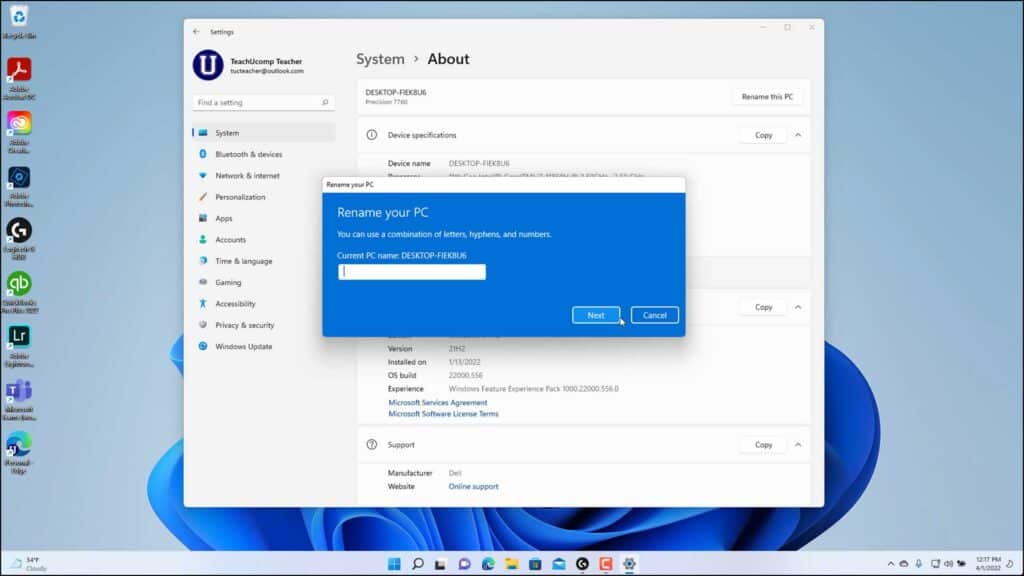 A picture showing how to change the computer name in Windows 11 within its “About” settings category.