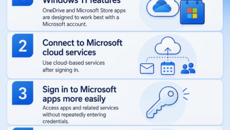 A picture listing why a user may want to sign in to Windows 11 with a Microsoft Account. Reason 1: It works best with Windows 11 features. Reason 2: It connects to Microsoft cloud services. Reason 3: It lets you sign in to Microsoft apps more easily. Reason 4: It lets you use OneDrive across devices. Reason 5: It lets you sync your Windows experience across devices.