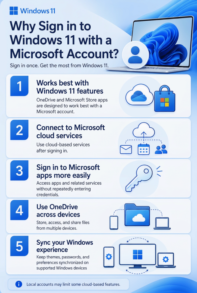 A picture listing why a user may want to sign in to Windows 11 with a Microsoft Account. Reason 1: It works best with Windows 11 features. Reason 2: It connects to Microsoft cloud services. Reason 3: It lets you sign in to Microsoft apps more easily. Reason 4: It lets you use OneDrive across devices. Reason 5: It lets you sync your Windows experience across devices.