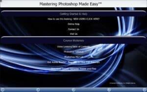 A picture of the training interface for the digital download or DVD versions of our Photoshop training, titled “Mastering Photoshop Made Easy™.”