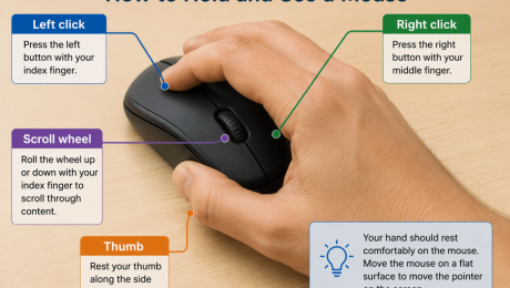 A picture showing how to hold and use a mouse in Windows 11.