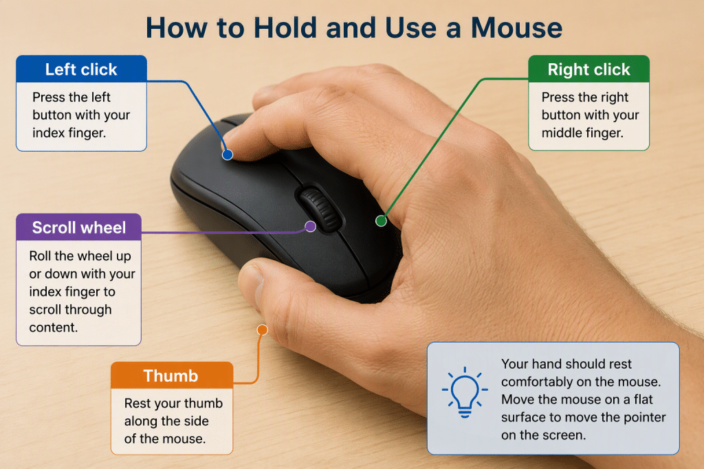 A picture showing how to hold and use a mouse in Windows 11.