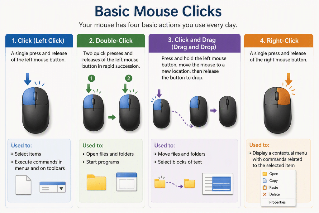 A picture showing how to use a mouse in Windows 11 by showing you the basic mouse clicks you perform using the buttons on the mouse.