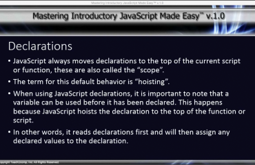 Declaration Hoisting in JavaScript- Tutorial: A picture summarizing the main points of the lesson on declaration hoisting in JavaScript.