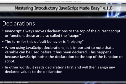 Declaration Hoisting in JavaScript- Tutorial: A picture summarizing the main points of the lesson on declaration hoisting in JavaScript.